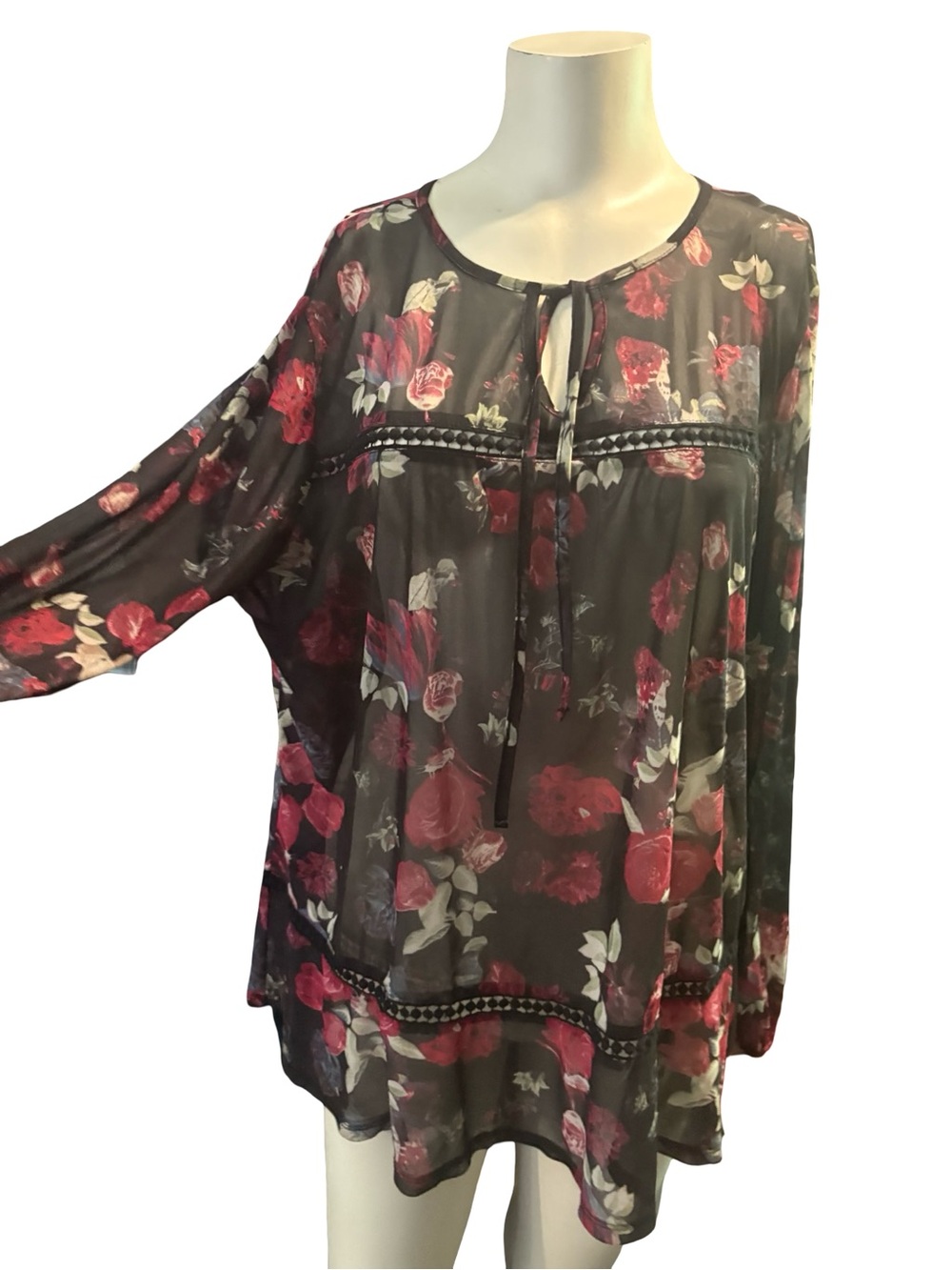 Skye's the Limit Black Floral Tie-Front Tunic with Pink Roses